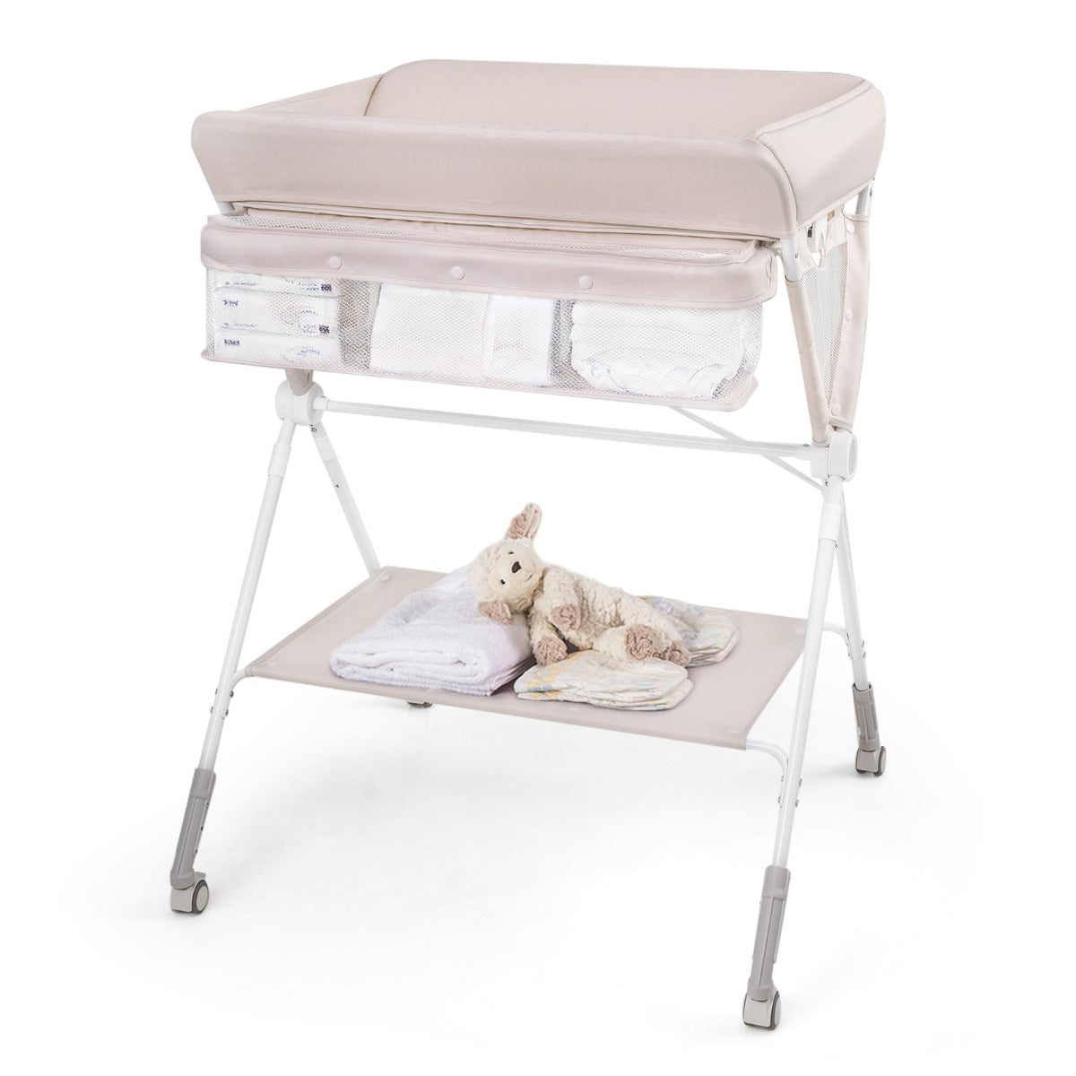 Livsk costway draagbare commode opvouwbare verschoontafel met 3 voudig verstelbare hoogte en vergrendelbare wielen 81 x 665 x 95 101 cm beige