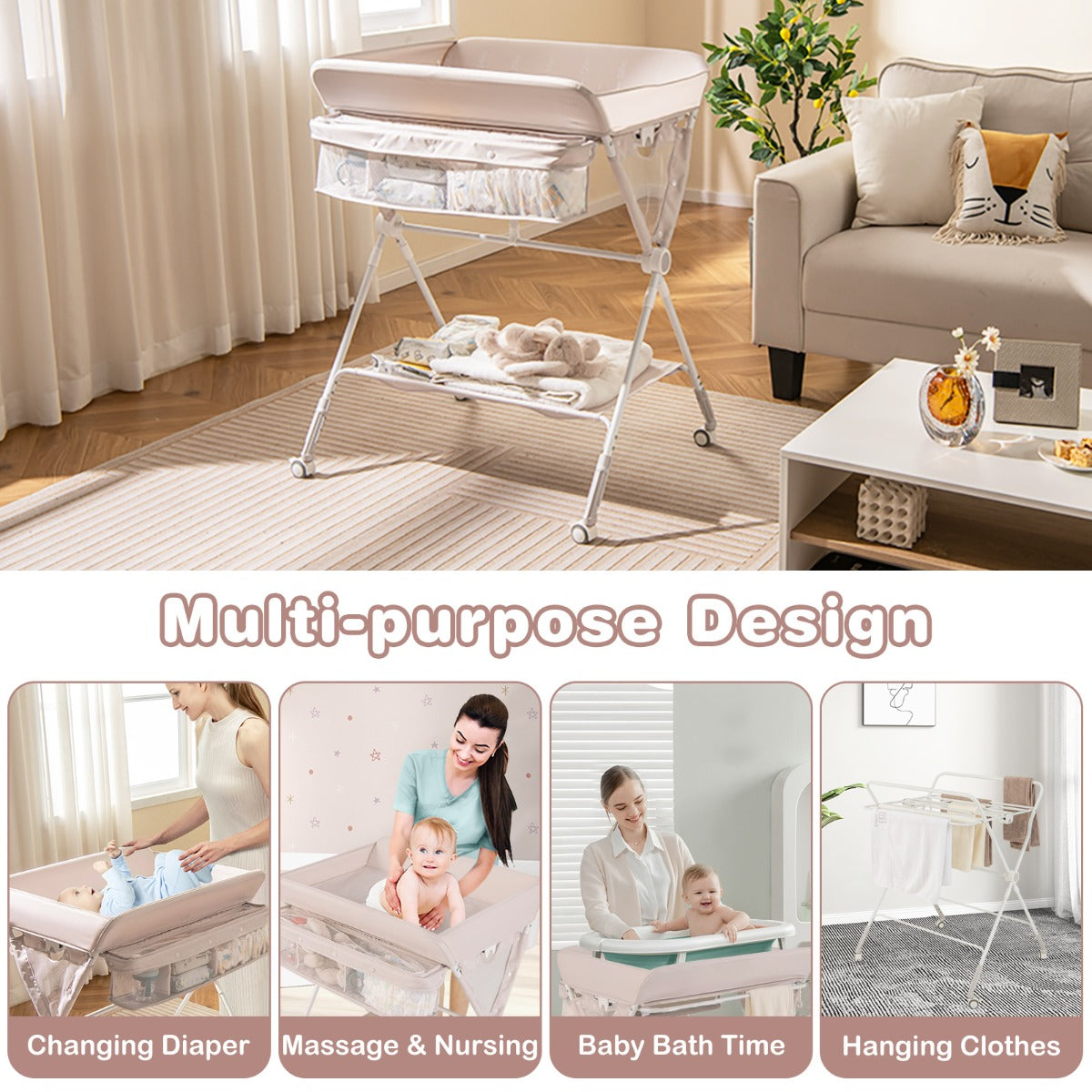 Livsk costway draagbare commode opvouwbare verschoontafel met 3 voudig verstelbare hoogte en vergrendelbare wielen 81 x 665 x 95 101 cm beige