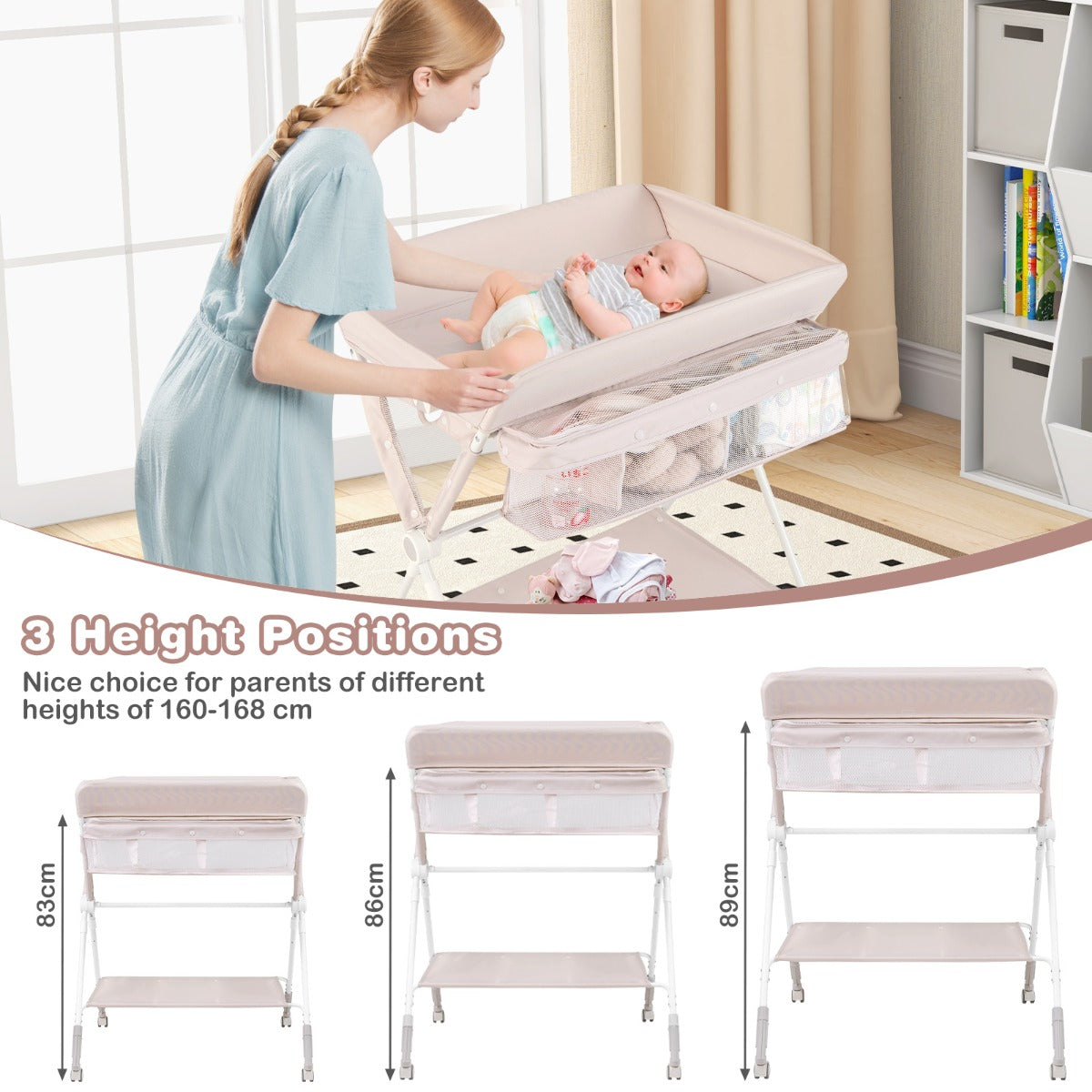 Livsk costway draagbare commode opvouwbare verschoontafel met 3 voudig verstelbare hoogte en vergrendelbare wielen 81 x 665 x 95 101 cm beige