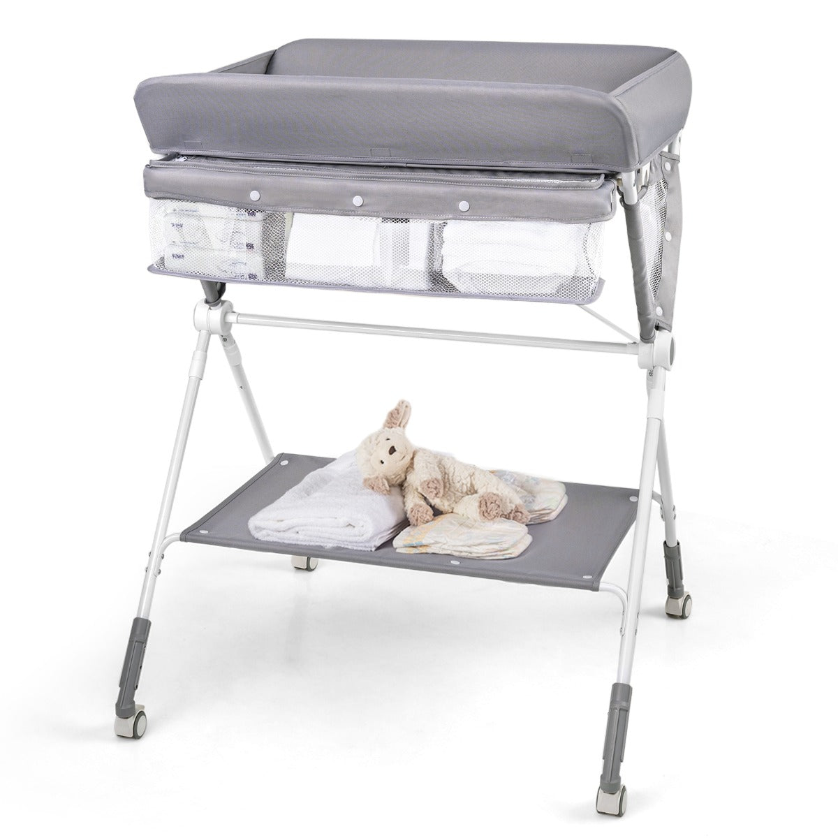 Livsk costway draagbare commode opvouwbare verschoontafel met 3 voudig verstelbare hoogte en vergrendelbare wielen 81 x 665 x 95 101 cm grijs