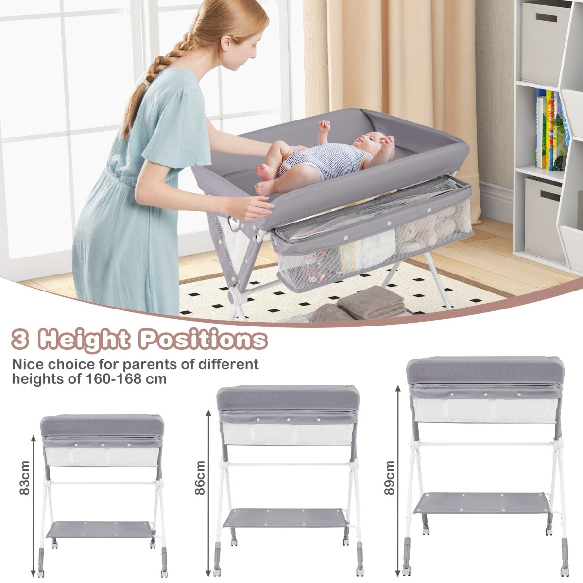 Livsk costway draagbare commode opvouwbare verschoontafel met 3 voudig verstelbare hoogte en vergrendelbare wielen 81 x 665 x 95 101 cm grijs