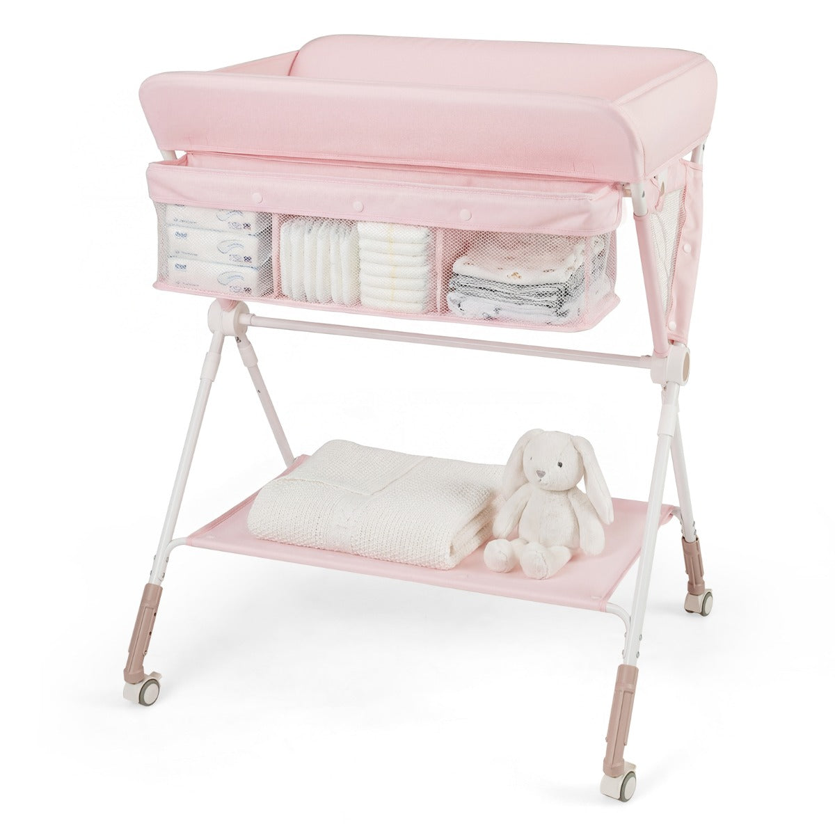 Livsk costway draagbare commode opvouwbare verschoontafel met 3 voudig verstelbare hoogte en vergrendelbare wielen 81 x 665 x 95 101 cm roze