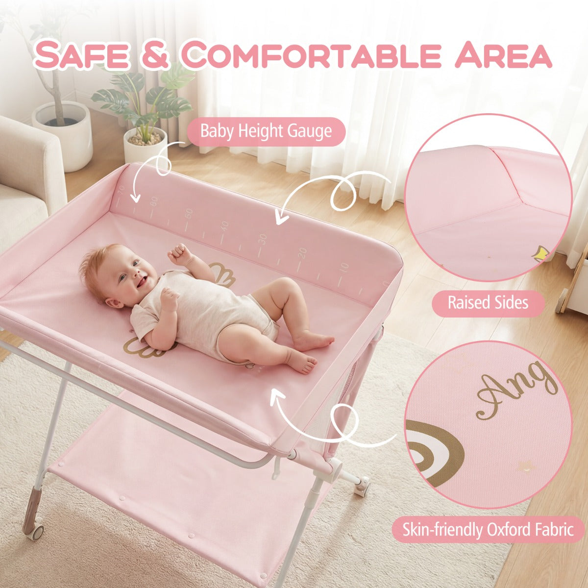 Livsk costway draagbare commode opvouwbare verschoontafel met 3 voudig verstelbare hoogte en vergrendelbare wielen 81 x 665 x 95 101 cm roze