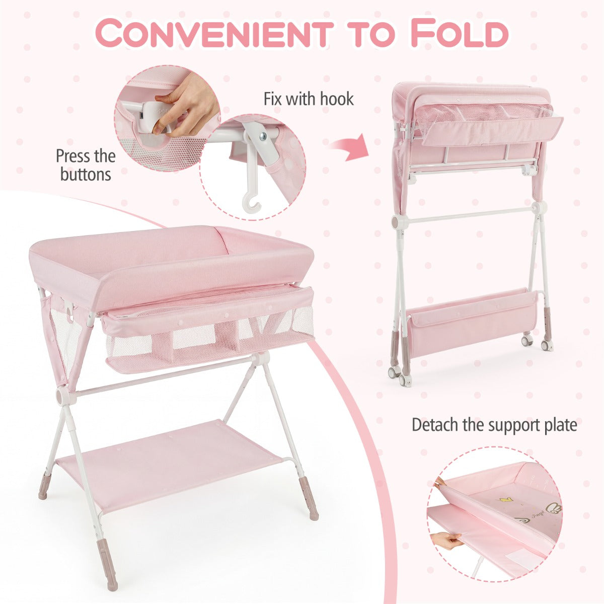 Livsk costway draagbare commode opvouwbare verschoontafel met 3 voudig verstelbare hoogte en vergrendelbare wielen 81 x 665 x 95 101 cm roze
