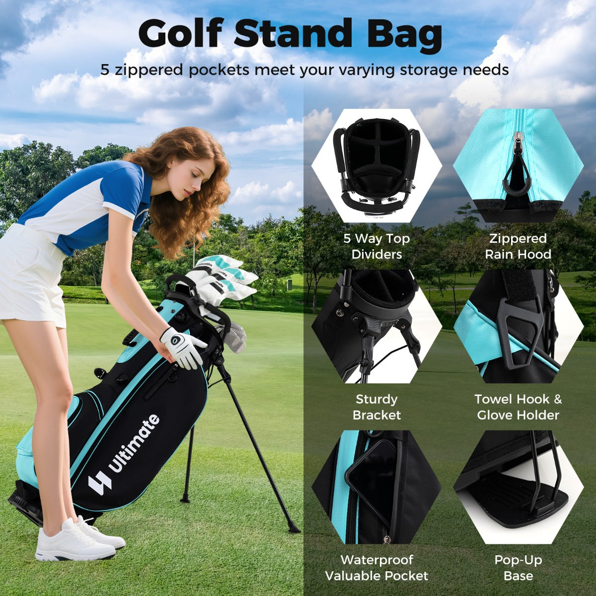 LIVSK Damesgolfset - 15-Delige Set met Driver, Woods, IJzers en Putter - Inclusief Golftas met Verstelbare Schouderbanden - Groen