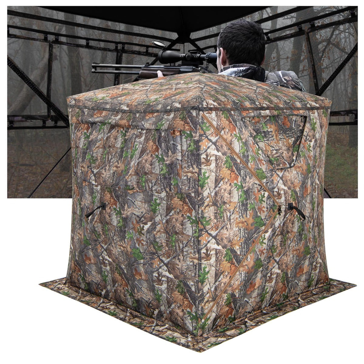 LIVSK Geruisloze Camouflage Jachthut - 270° Zicht - Stille Schuiframen - Waterdicht en Verduisterend - 2-3 Personen - Camouflage