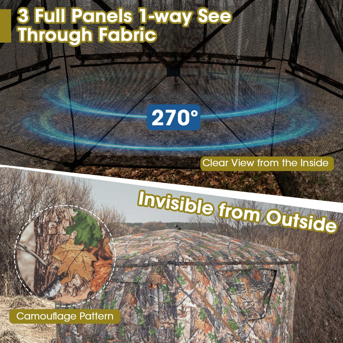 LIVSK Geruisloze Camouflage Jachthut - 270° Zicht - Stille Schuiframen - Waterdicht en Verduisterend - 2-3 Personen - Camouflage