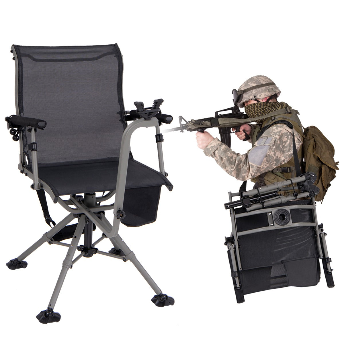 LIVSK Ergonomische Jachtstoel - Opvouwbaar met 360° Rotatie - Verstelbare Geweersteun - Draagvermogen 150 kg - Zwart