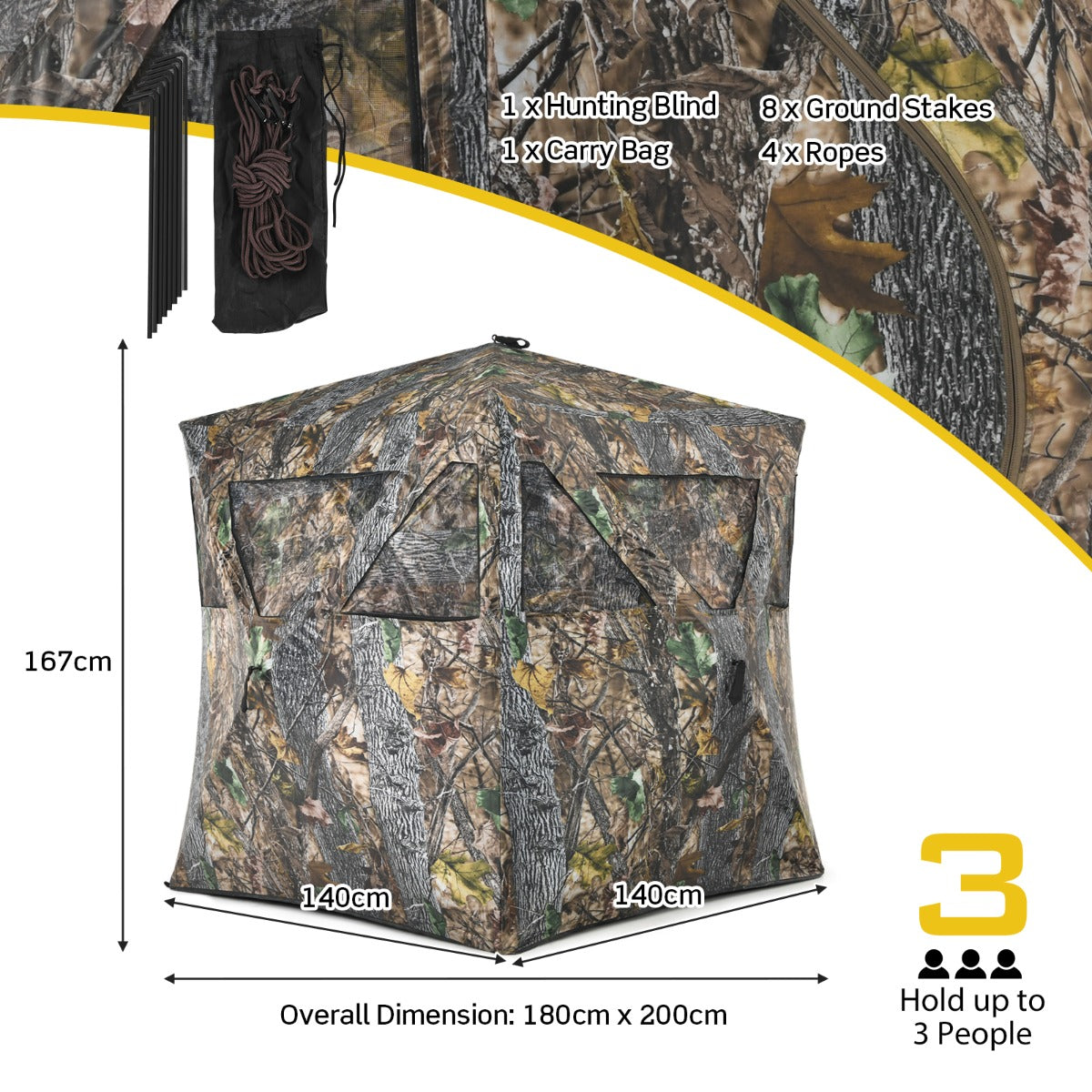 LIVSK Professionele Jachthut voor 3 Personen - Pop-up Ontwerp met Schietpoorten - Duurzaam en Stevig - Camouflage