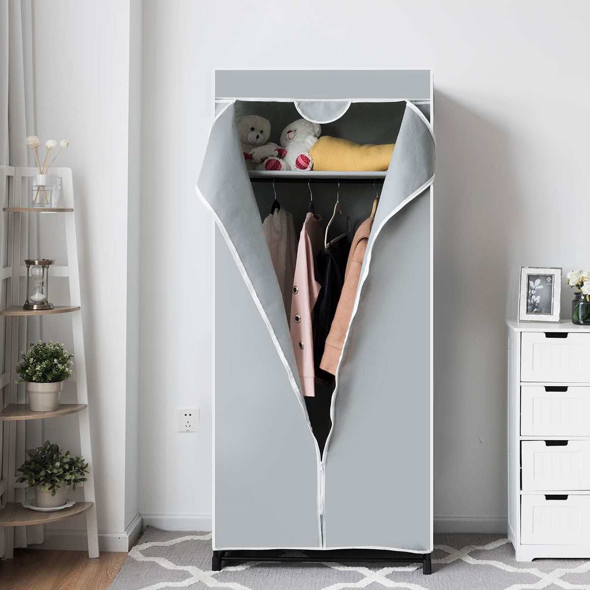 LIVSK Draagbare Kledingkast Organisator - Compact en Duurzaam - Twee Opslagplanken - Waterdichte Hoes - 74 x 50 x 172 cm - Grijs