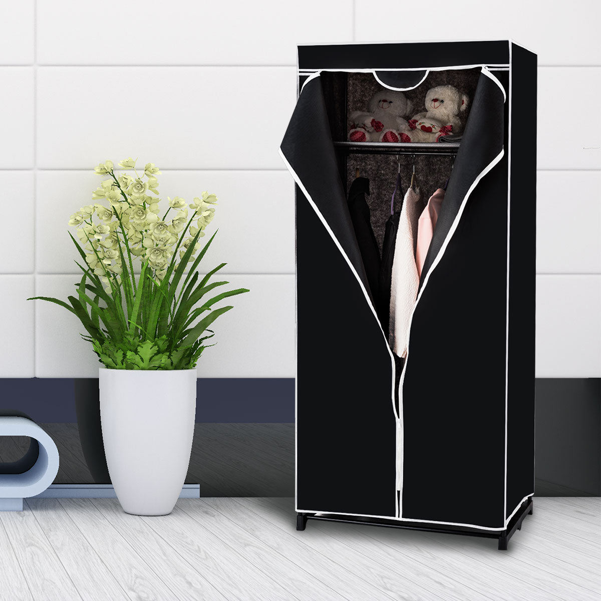 LIVSK Draagbare Kledingkast Organisator - Compact en Draagbaar - 2 Opslagplanken - Waterdichte Hoes - 74 x 50 x 172 cm - Zwart