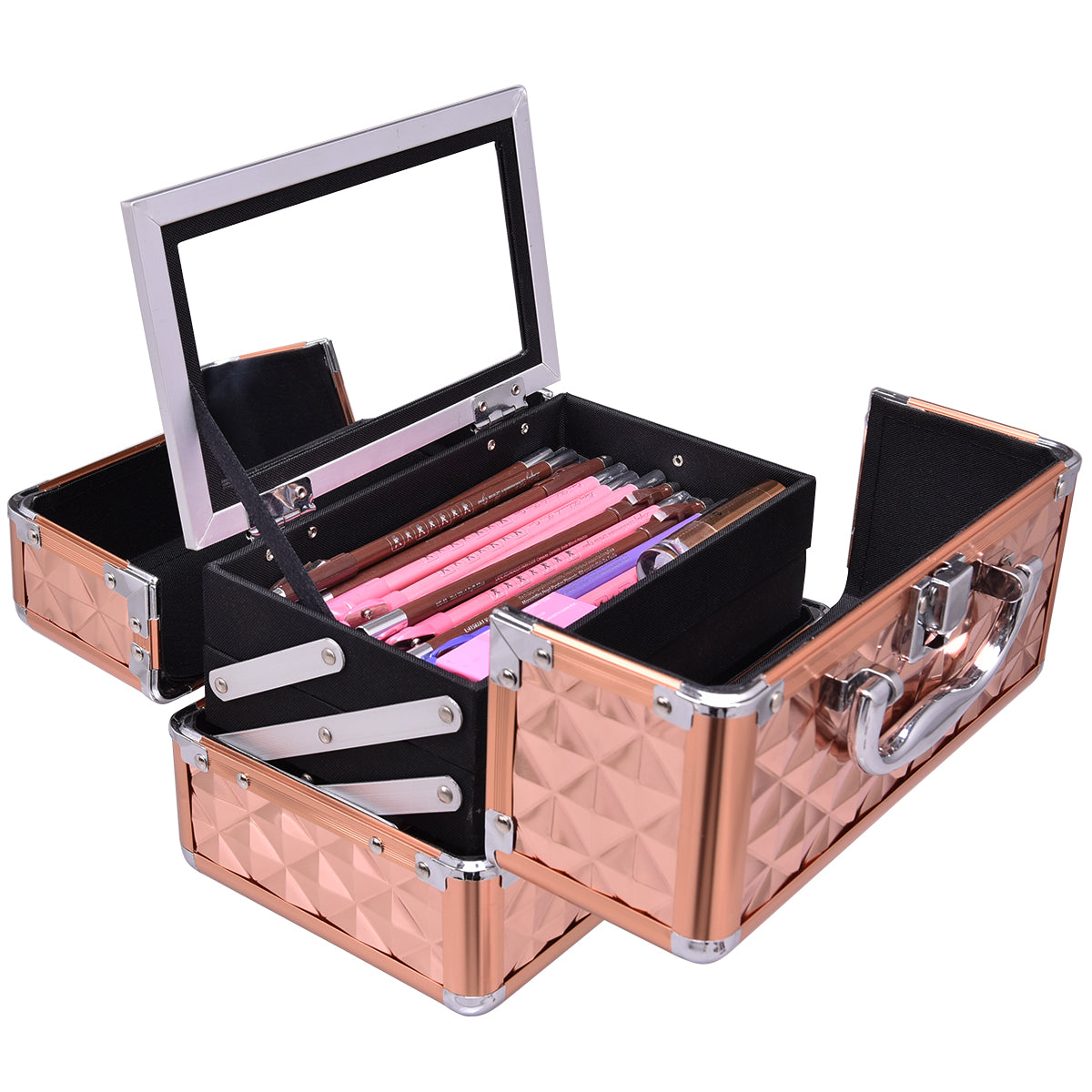 LIVSK Mini Make-uptreinkoffer - Duurzaam ABS met Aluminium - Uitschuifbare Laden - Ingebouwde Spiegel - 23 x 15 x 18 cm - Gouden