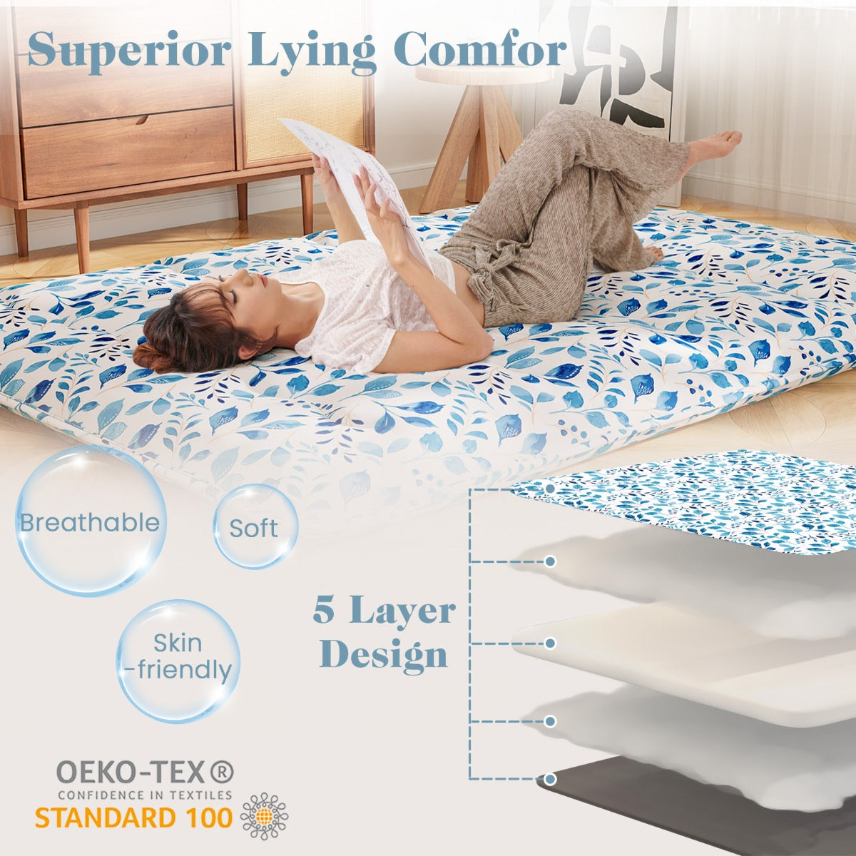 LIVSK Multifunctionele Matras - Hoogdicht Polyester Vulling - Afneembare Hoes - Draagtas - Voor Vloer, Camping of Kinderen -