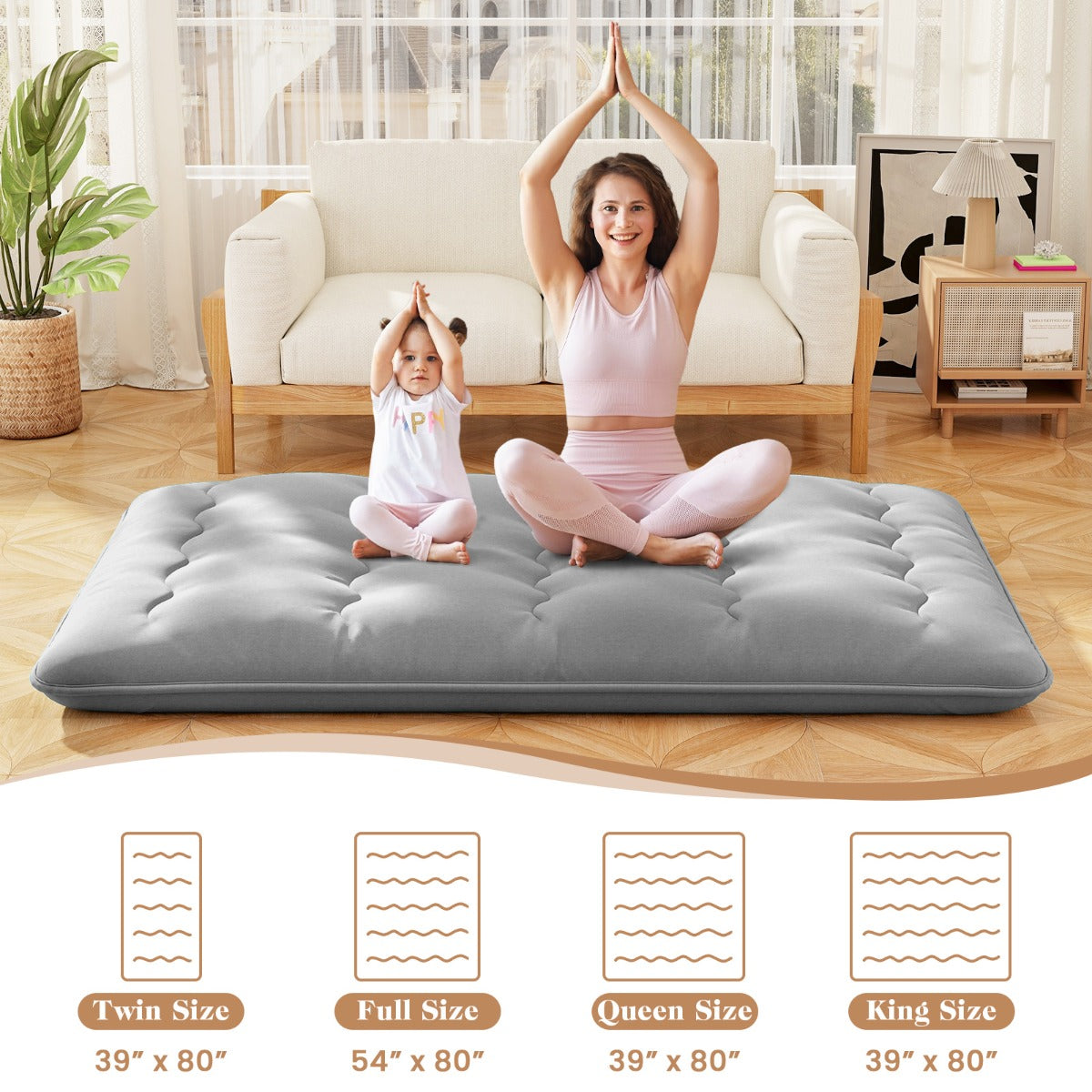 LIVSK Opvouwbare Futonmatras - Afneembare Wasbare Hoes - Draagtas - Polyester Vulling - Voor Slaap en Speel - Grijs 200 x 90 x 10