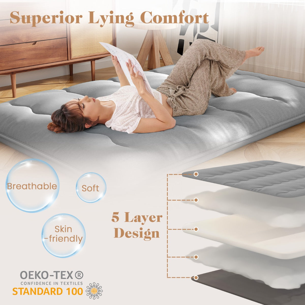 LIVSK Opvouwbare Futonmatras - Afneembare Wasbare Hoes - Draagtas - Polyester Vulling - Voor Slaap en Speel - Grijs 200 x 90 x 10