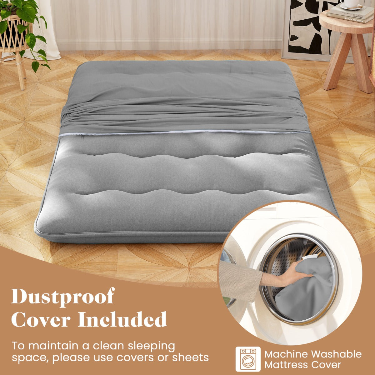 LIVSK Opvouwbare Futonmatras - Afneembare Wasbare Hoes - Draagtas - Polyester Vulling - Voor Slaap en Speel - Grijs 200 x 90 x 10
