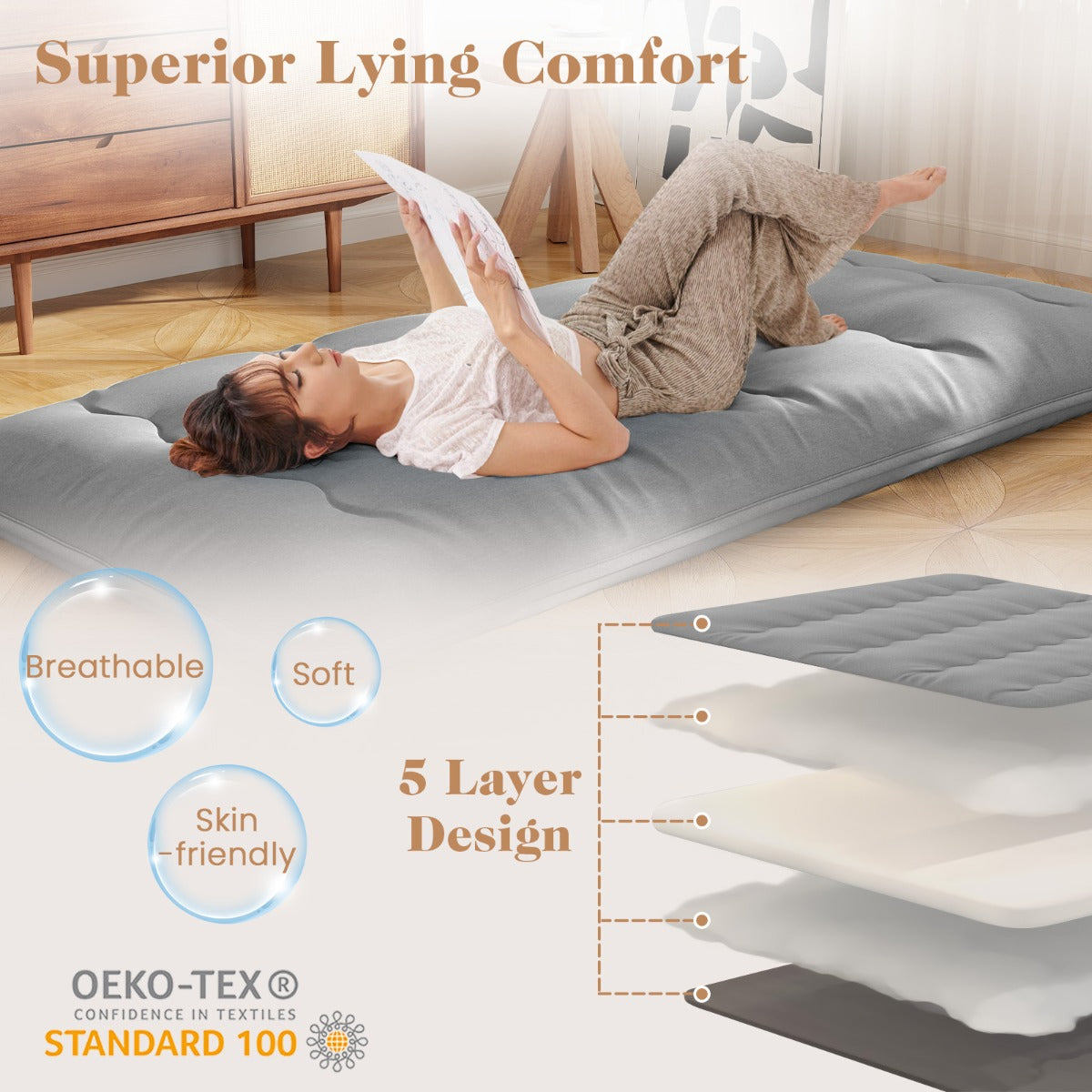 LIVSK Multifunctionele Matras - Draagbaar als Futon, Slaap- of Speelmat - Afneembare Wasbare Hoes - 200 x 90 x 10 cm - Grijs