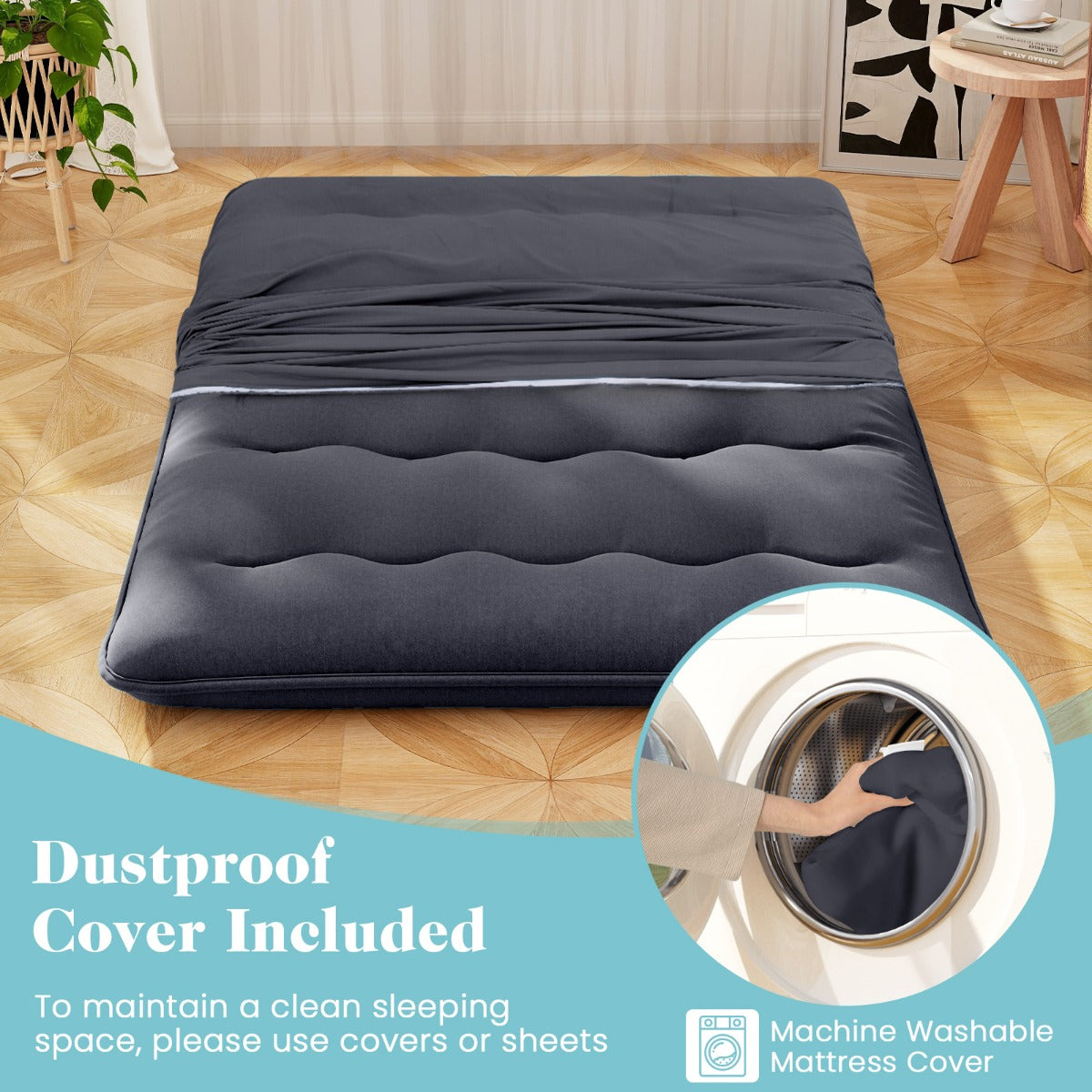 LIVSK Multifunctionele Futonmatras - Hoogwaardig Polyester - Machinewasbare Hoes - Draagtas - 200 x 90 x 10 cm - Zwart