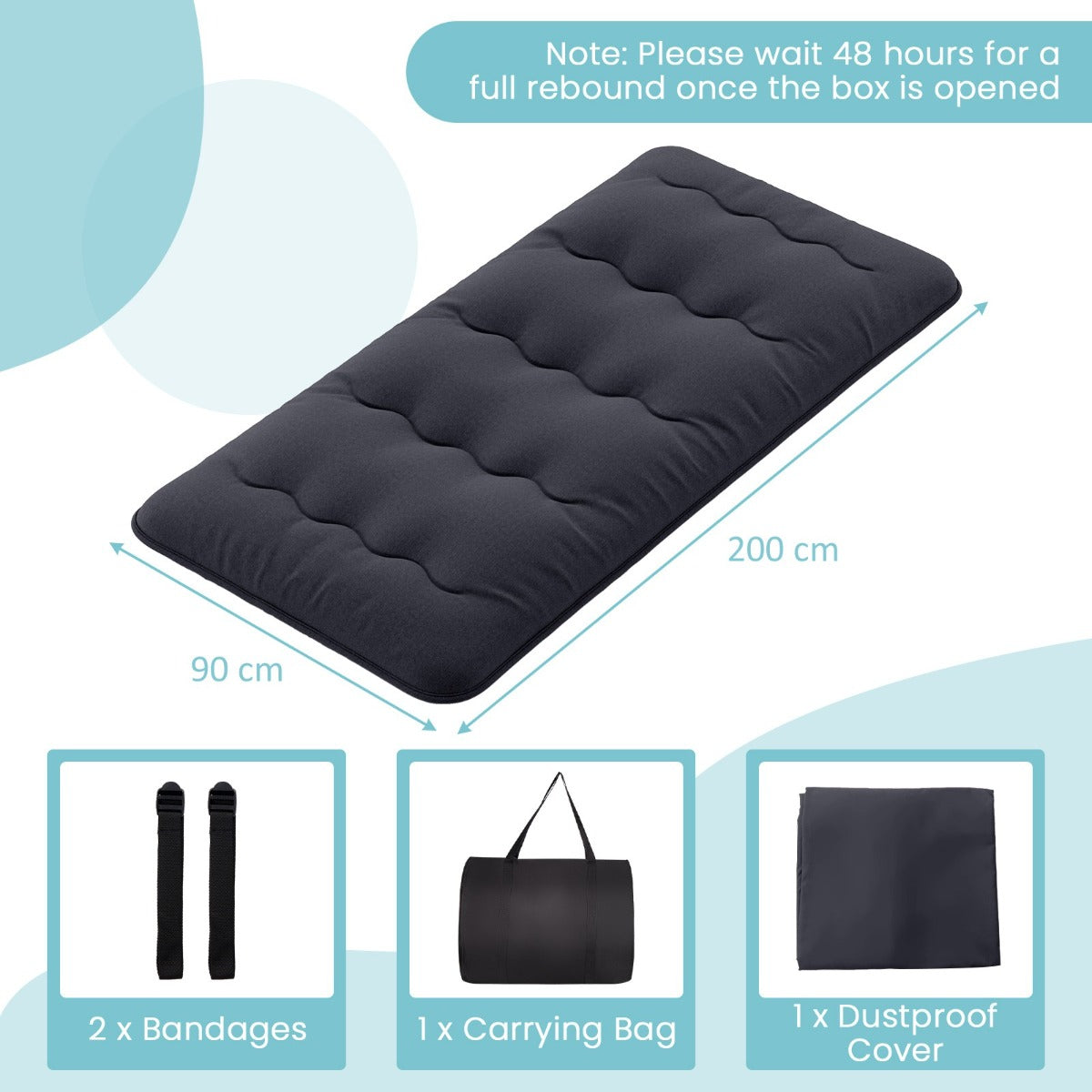 LIVSK Draagbare Futonmatras - Multifunctioneel als Slaapmat, Speelmat of Campingmatras - Afneembare Wasbare Hoes - Zwart 200 x 90