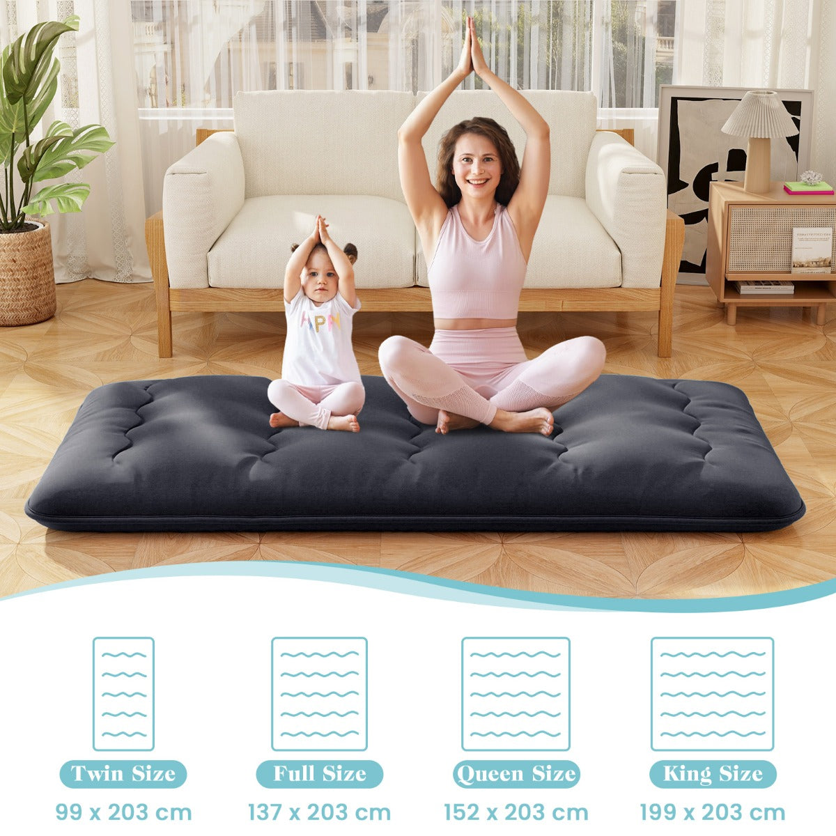 LIVSK Draagbare Futonmatras - Multifunctioneel als Slaapmat, Speelmat of Campingmatras - Afneembare Wasbare Hoes - Zwart 200 x 90