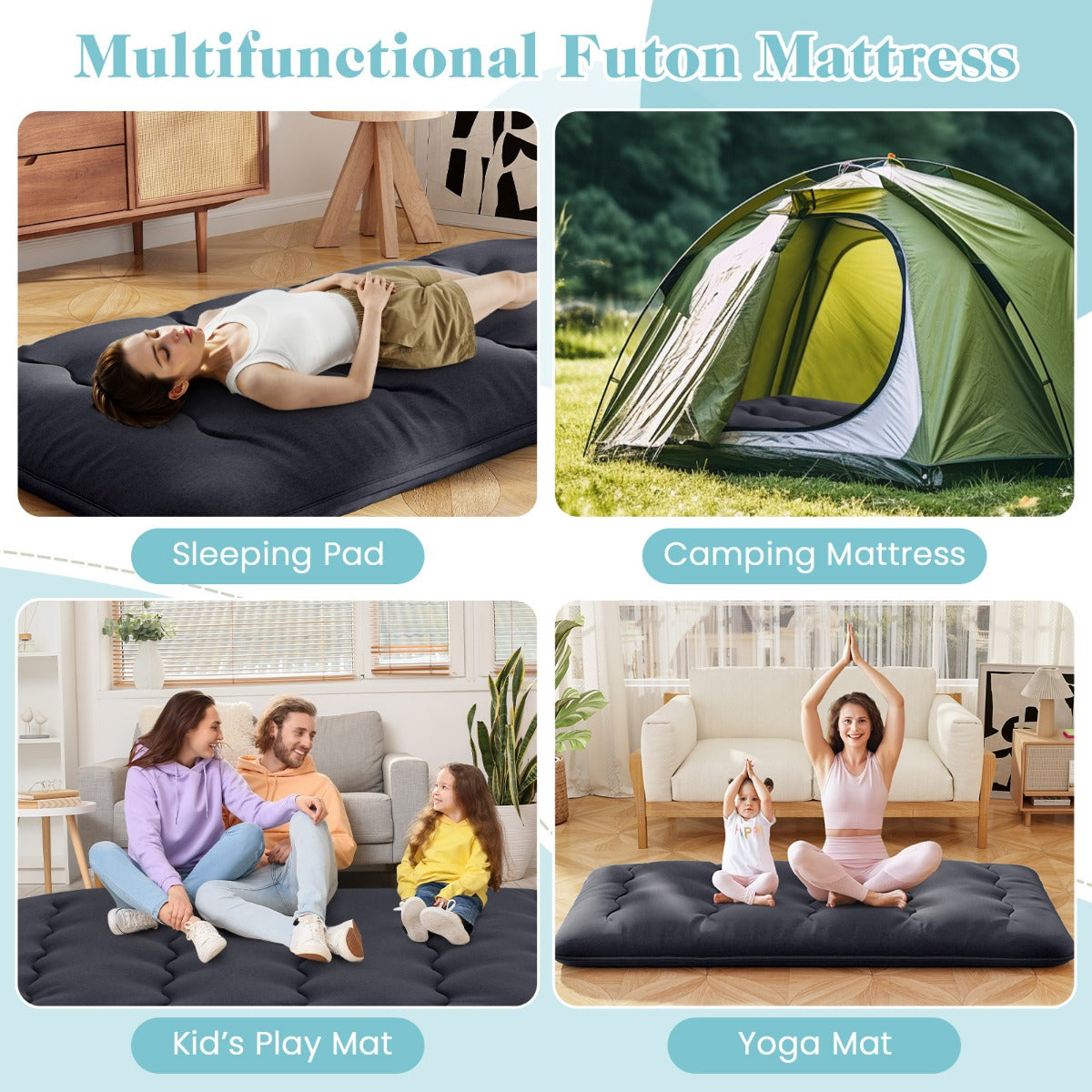 LIVSK Draagbare Futonmatras - Multifunctioneel als Slaapmat, Speelmat of Campingmatras - Afneembare Wasbare Hoes - Zwart 200 x 90