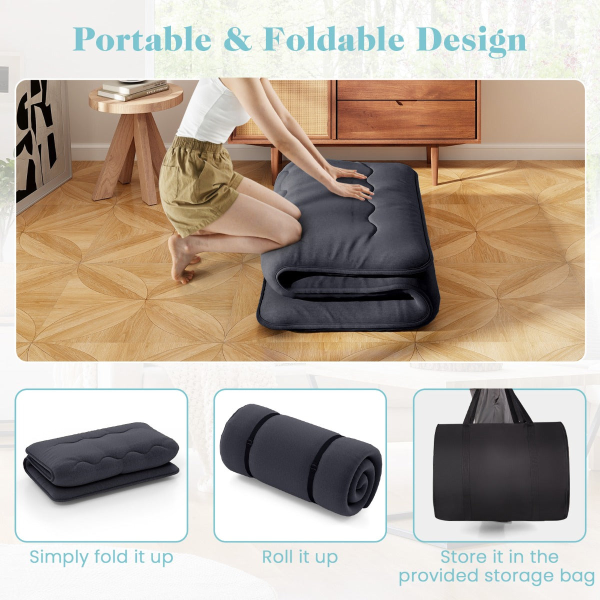 LIVSK Draagbare Futonmatras - Multifunctioneel als Slaapmat, Speelmat of Campingmatras - Afneembare Wasbare Hoes - Zwart 200 x 90