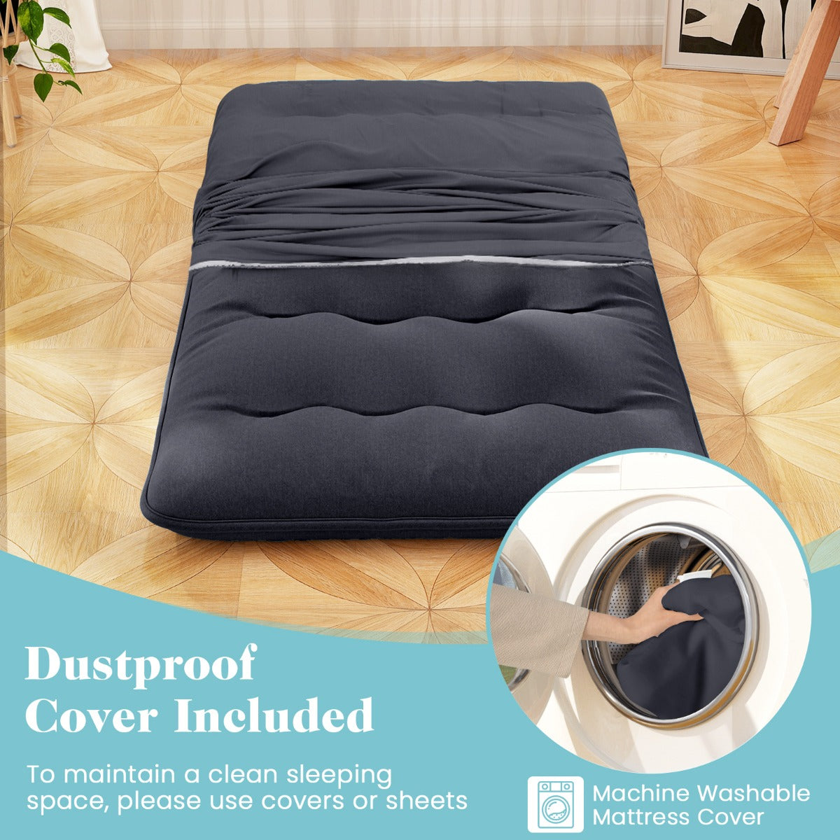 LIVSK Draagbare Futonmatras - Multifunctioneel als Slaapmat, Speelmat of Campingmatras - Afneembare Wasbare Hoes - Zwart 200 x 90