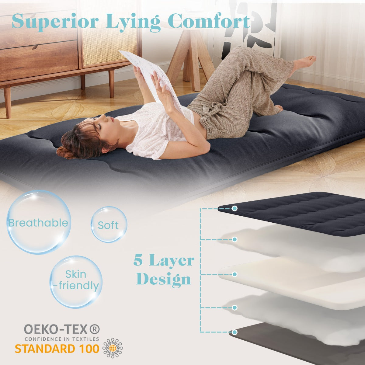 LIVSK Draagbare Futonmatras - Multifunctioneel als Slaapmat, Speelmat of Campingmatras - Afneembare Wasbare Hoes - Zwart 200 x 90