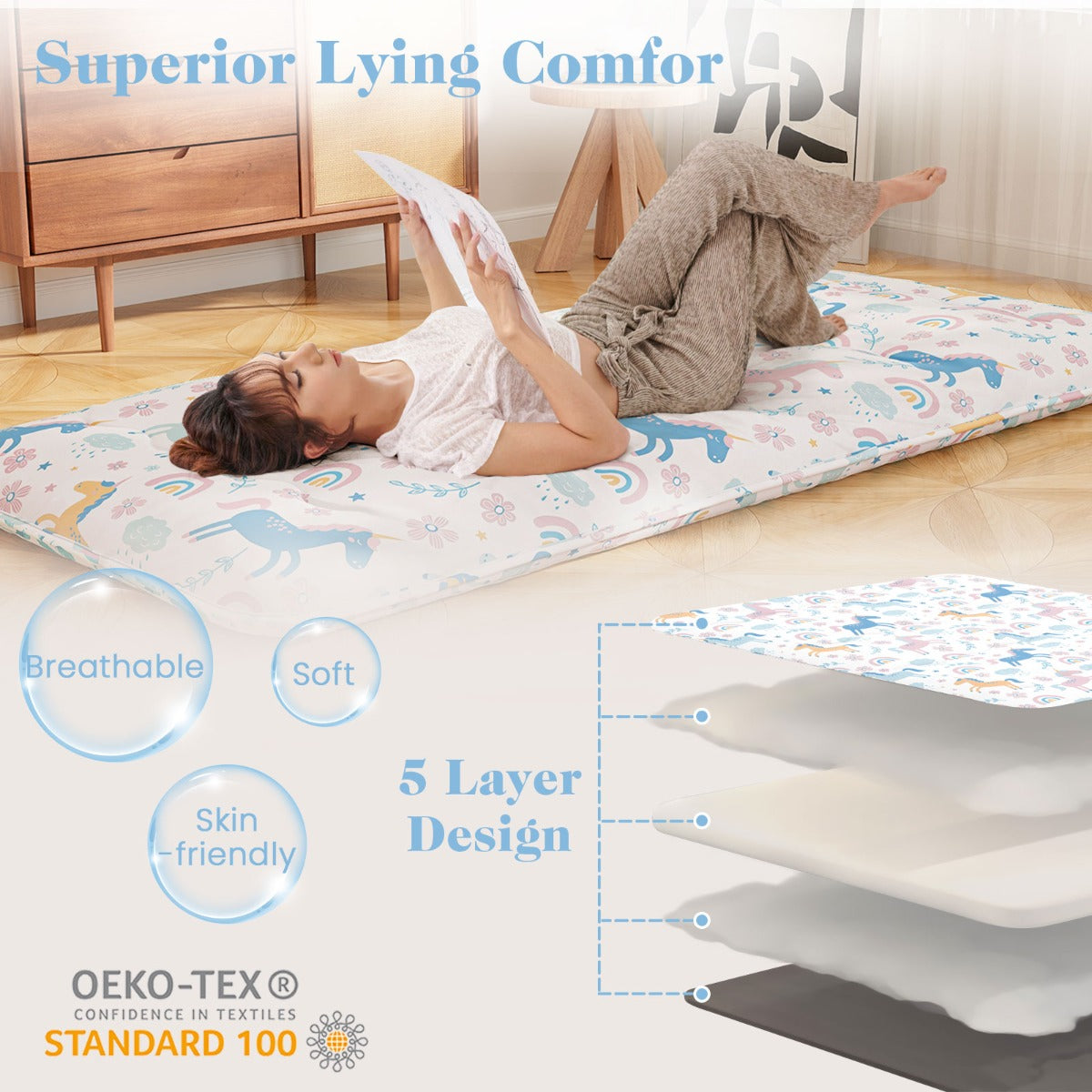LIVSK Multifunctionele Matras - Draagbaar als Futon, Speelmat of Campingmatras - Afneembare Hoes - 200 x 90 x 10 cm - Kleurrijk
