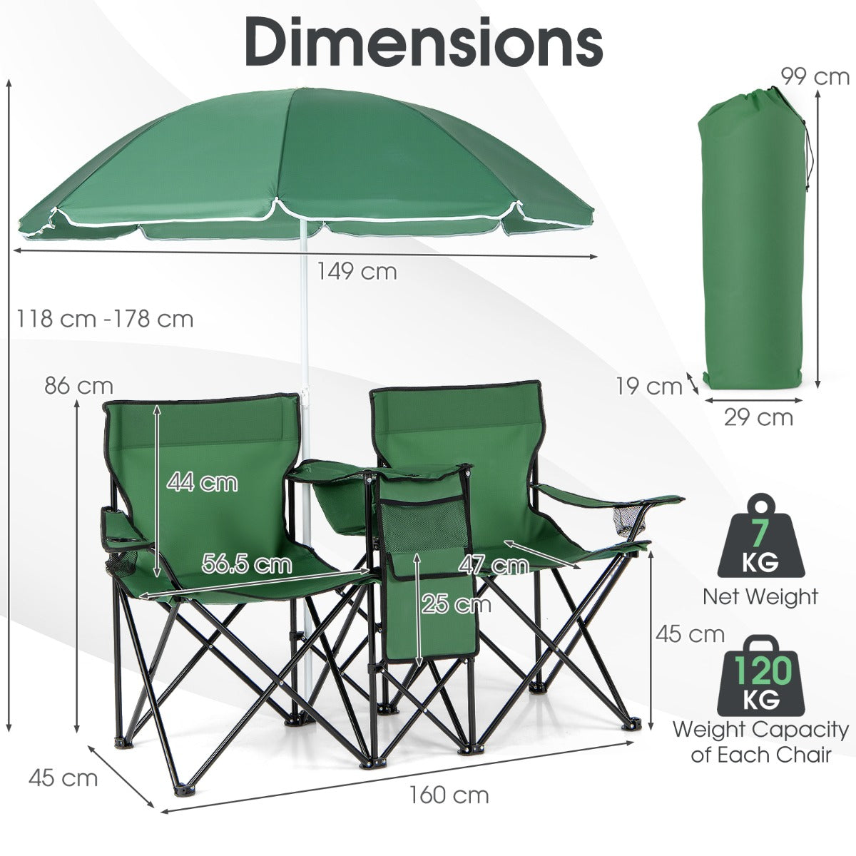 Livsk costway draagbare opvouwbare picknick liefde stoel stalen frame pvc oxford stof met paraplu mini tafel drank houder 2