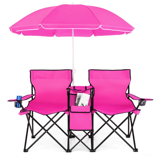 Livsk costway draagbare opvouwbare picknick liefde stoel stalen frame pvc oxford stof met paraplu mini tafel drank houder draagtas roze