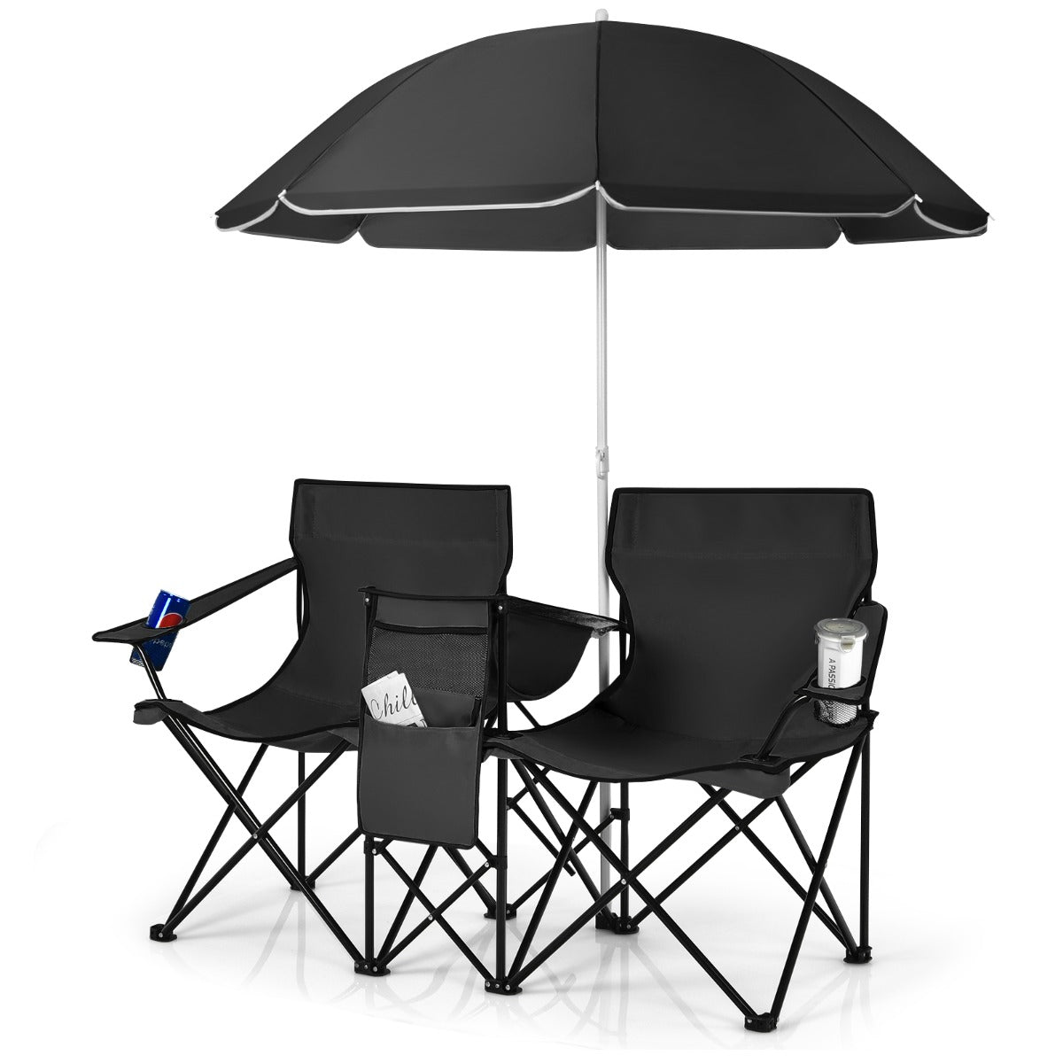 Livsk costway draagbare opvouwbare picknick liefde stoel stalen frame pvc oxford stof met paraplu mini tafel drank houder draagtas zwart
