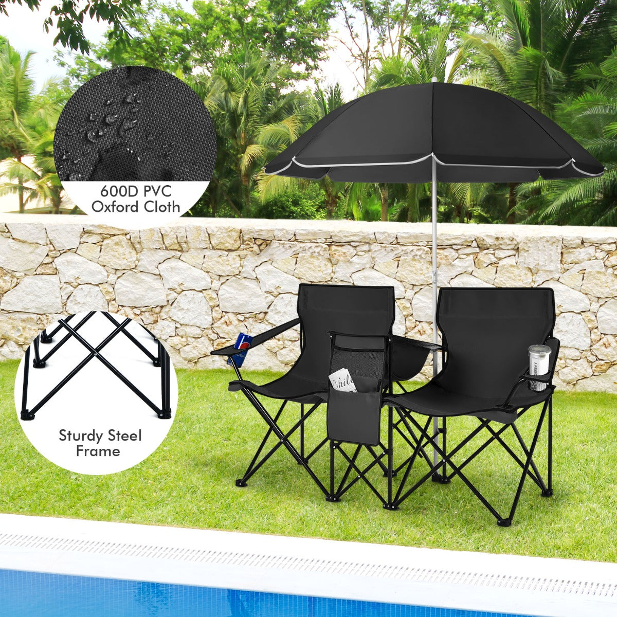 Livsk costway draagbare opvouwbare picknick liefde stoel stalen frame pvc oxford stof met paraplu mini tafel drank houder draagtas zwart 3
