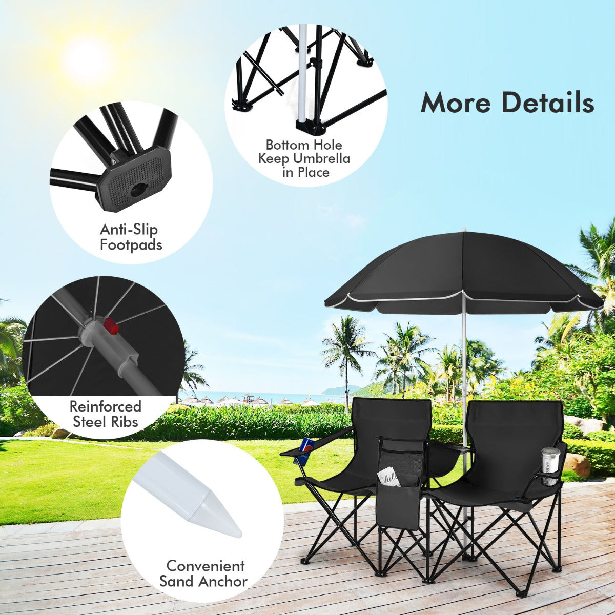 Livsk costway draagbare opvouwbare picknick liefde stoel stalen frame pvc oxford stof met paraplu mini tafel drank houder draagtas zwart 4