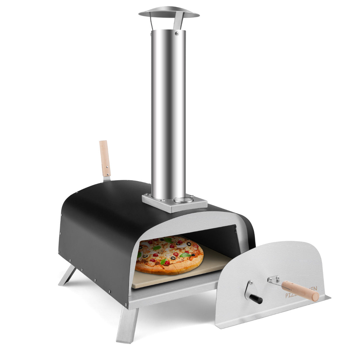 LIVSK Draagbare Pizzaoven - Geschikt voor Buiten - Warmt op tot 232°C in 5 min - Inclusief Pizzaschep en Vuursteen - Zilver