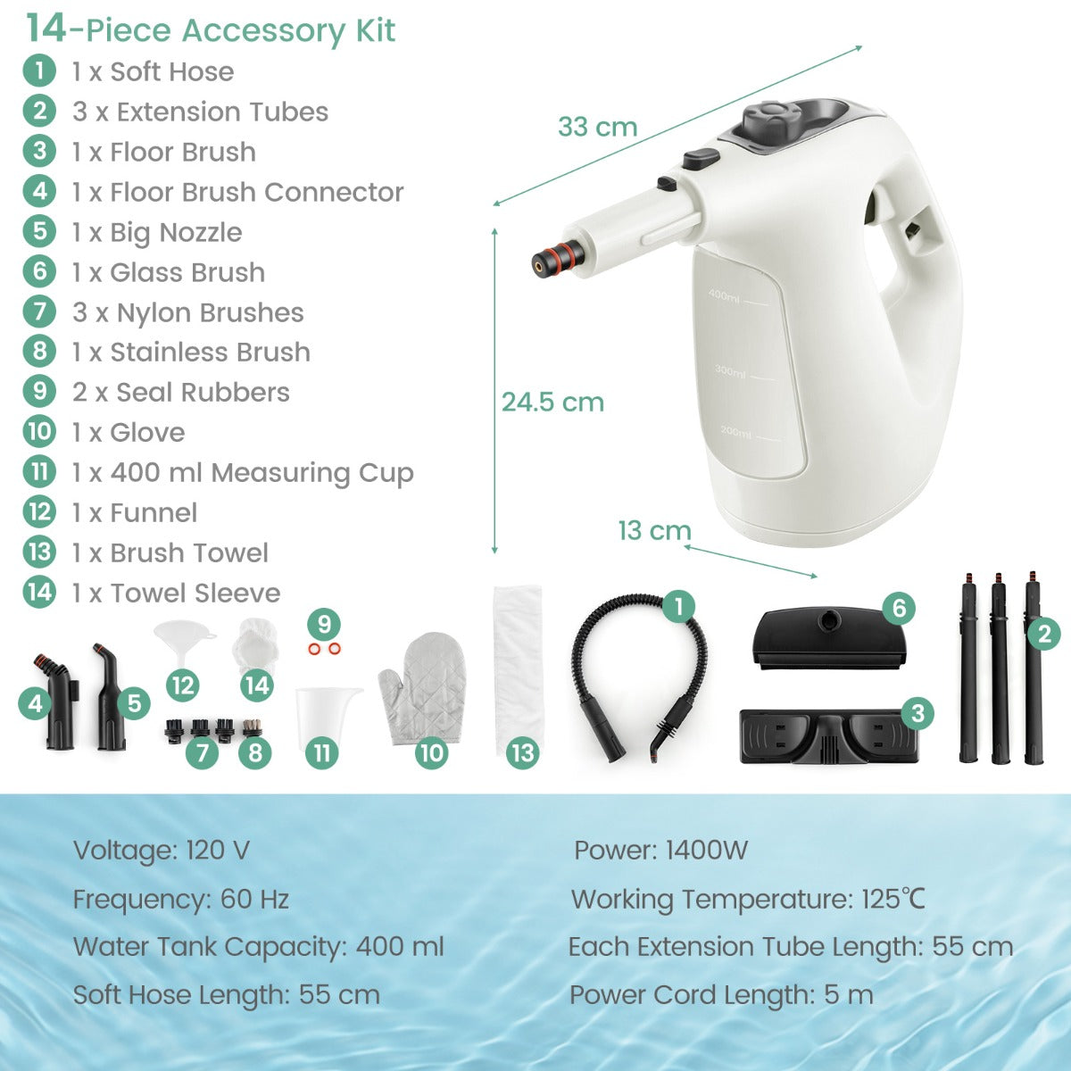 LIVSK Draagbare Stoomreiniger - 14 Accessoires - 1400 W - 400 ml Watertank - 5 m Snoer - Tot 125 ℃ - Grijs