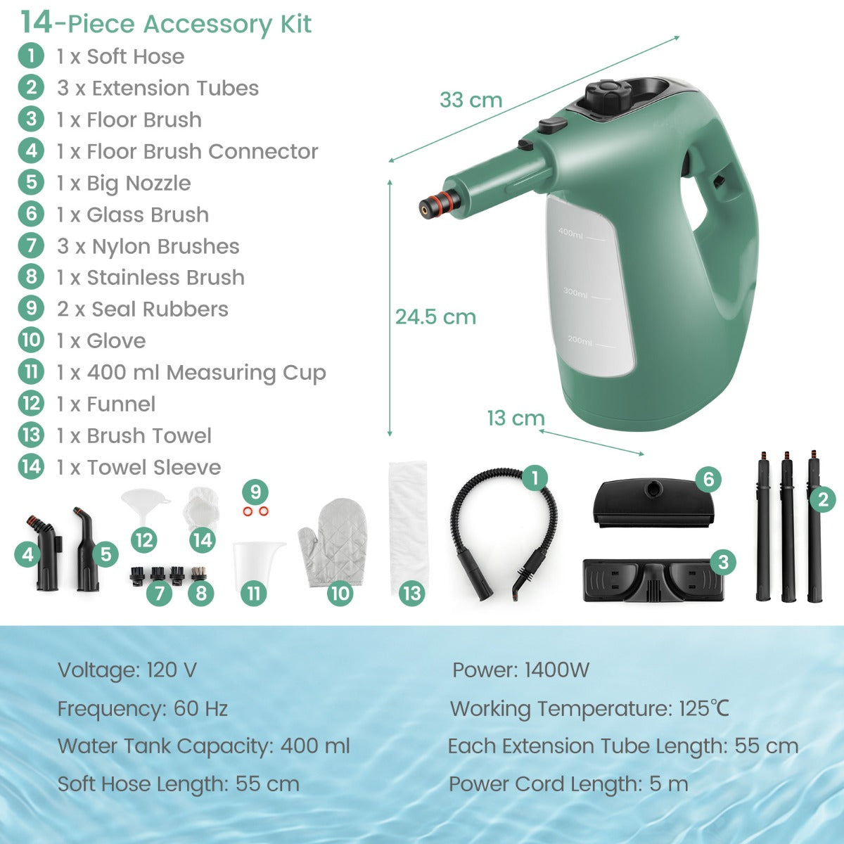 LIVSK Draagbare Stoomreiniger - 1400W - 14 Accessoires - 400 ml Watertank - Ergonomisch - Chemicaliënvrij - Grijs/Geel/Groen/Blauw