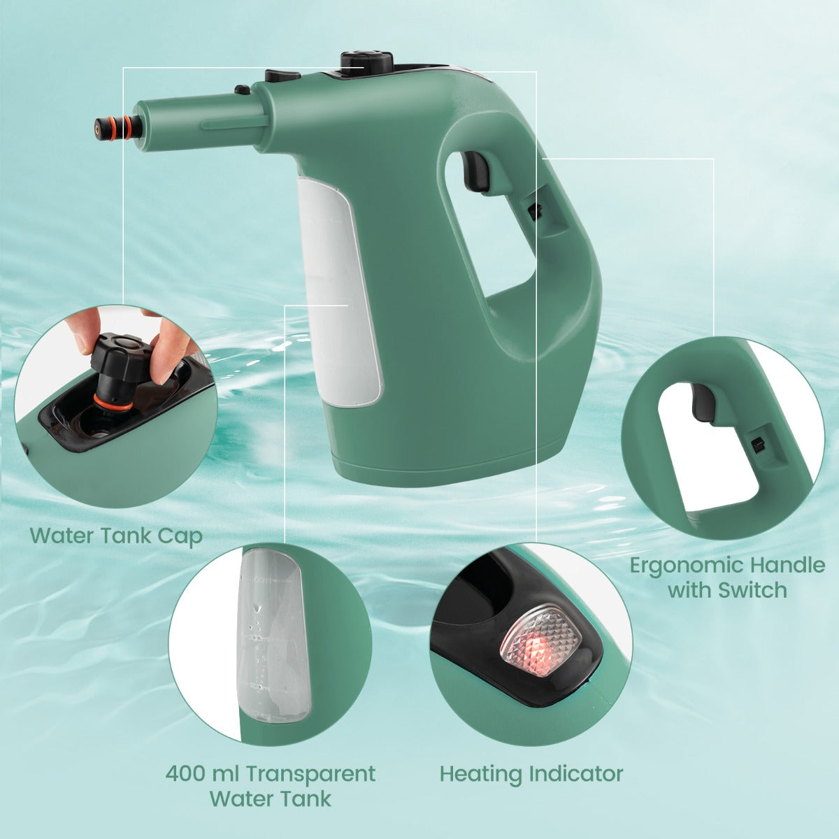 LIVSK Draagbare Stoomreiniger - 1400W - 14 Accessoires - 400 ml Watertank - Ergonomisch - Chemicaliënvrij - Grijs/Geel/Groen/Blauw