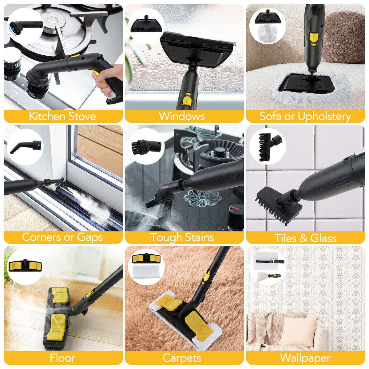 LIVSK Stoomreiniger 2000W - 5 Bar Hoge Druk - 1,8L Tank - Snelle Opwarmtijd - Inclusief Accessoires - Geel