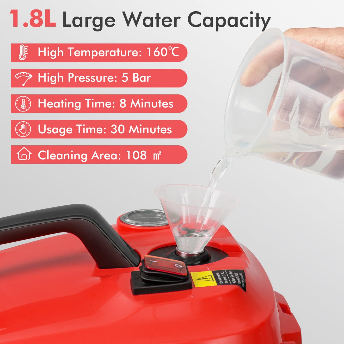 LIVSK Stoomreiniger - 2000W Vermogen - 1,8L Watertank - 15-delige Accessoires - Veiligheidsvergrendeling - Rood