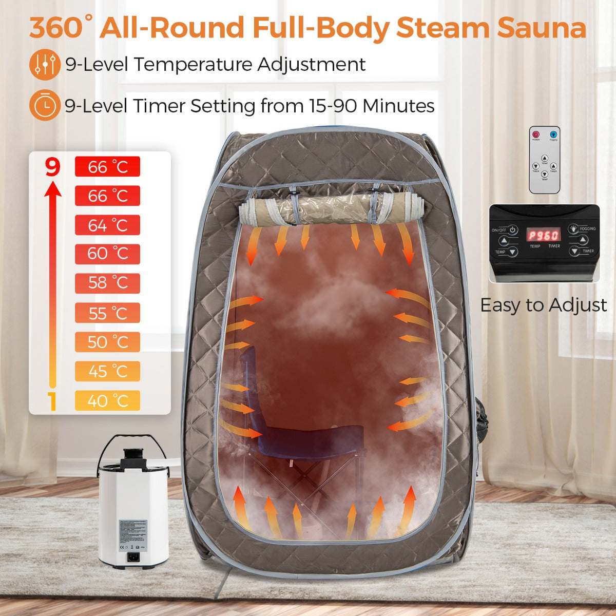 LIVSK Persoonlijke Stoomsauna - 1000 W Stoomgenerator - 9 Temperatuurinstellingen - Multifunctionele Beenopeningen - 89 x 89 x
