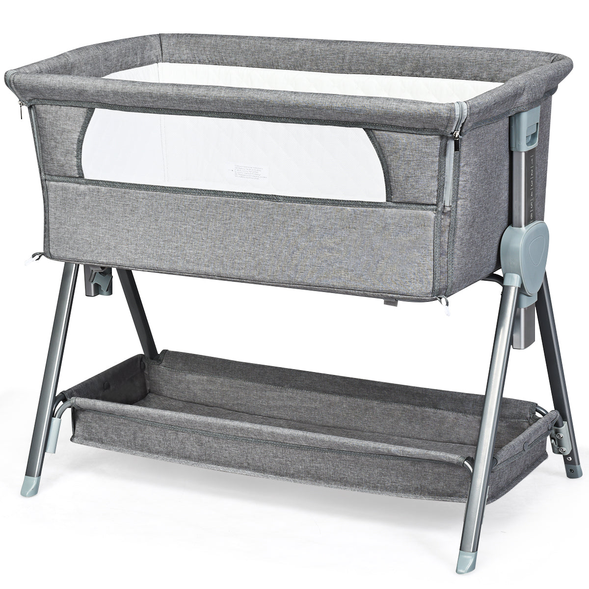 LIVSK Verstelbare Babywieg naast Bed - Driehoekig Metalen Frame - 6 Hoogtes - Gaas-ontwerp - Opbergmand - Grijs