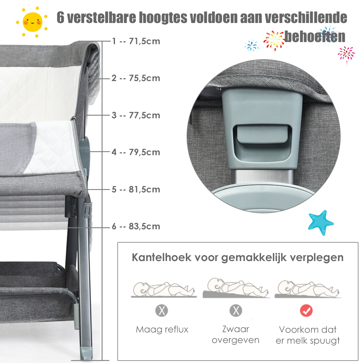 LIVSK Verstelbare Babywieg naast Bed - Driehoekig Metalen Frame - 6 Hoogtes - Gaas-ontwerp - Opbergmand - Grijs