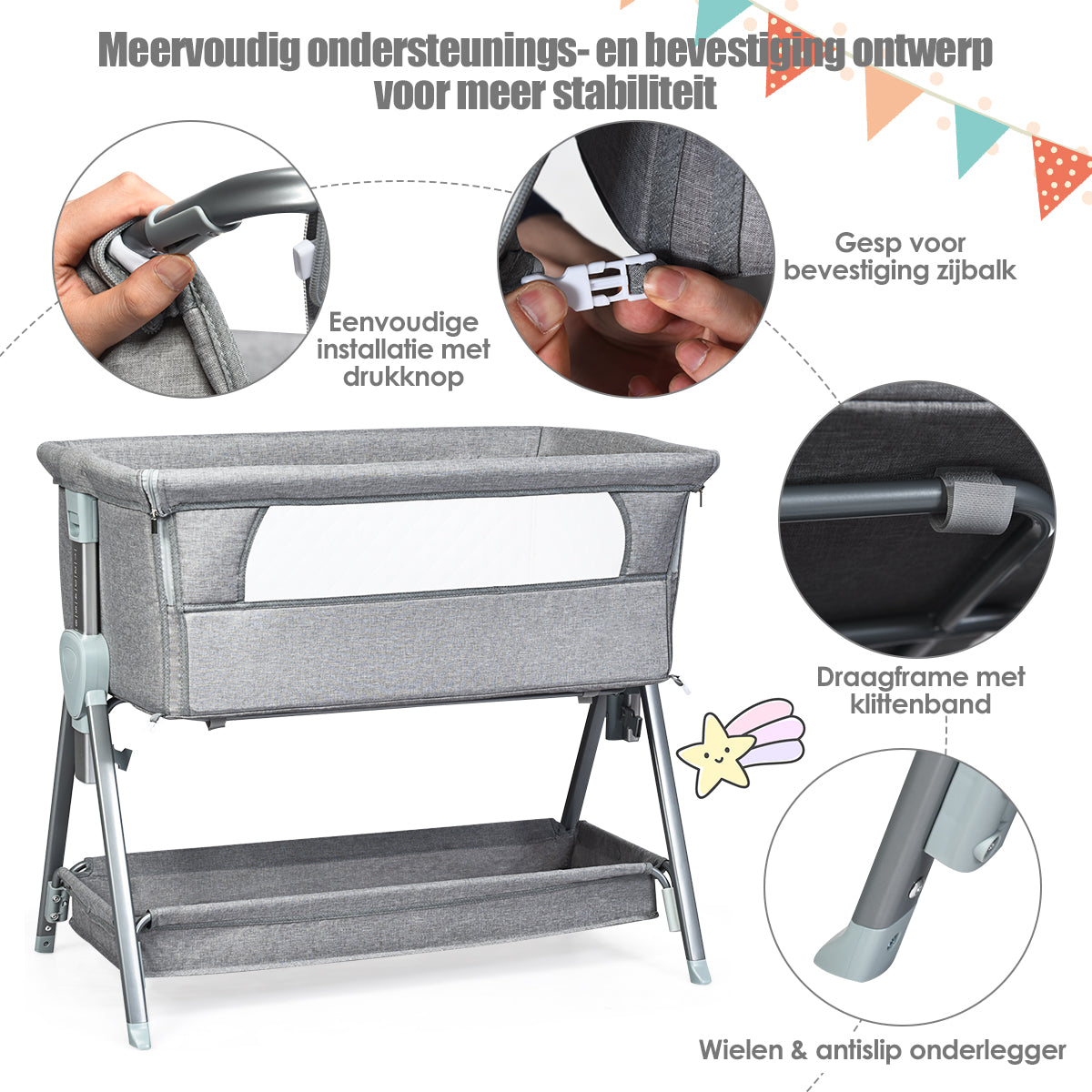 LIVSK Verstelbare Babywieg naast Bed - Driehoekig Metalen Frame - 6 Hoogtes - Gaas-ontwerp - Opbergmand - Grijs