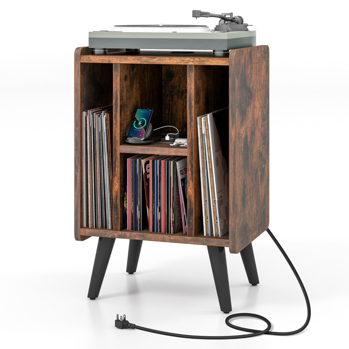 LIVSK Platenspelerstandaard met Laadstation - Compact met Open Planken - 2 Stopcontacten - Voor Vinyl en Decoratie - 43 x 34,5 x