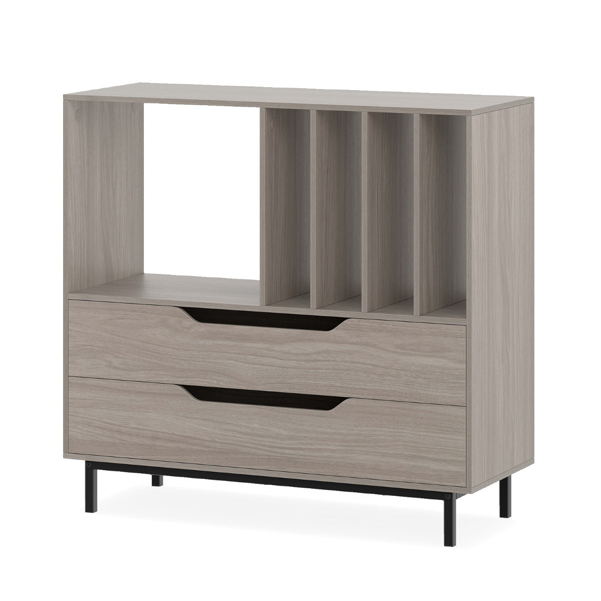 Livsk costway draaitafelstandaard platenkast met open planken vier planken metalen poten en lades houten platenrek grijs 1 1