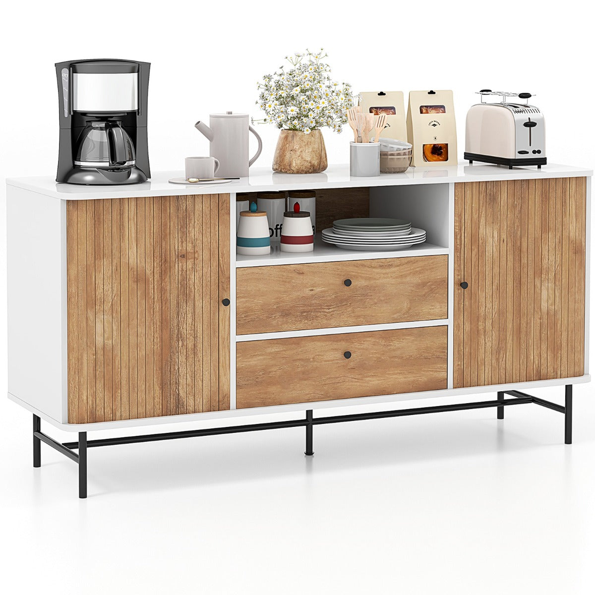 LIVSK Buffetkast Mid-Century - Schuifdeuren - 5 Planken en 2 Laden - Voor 65 Inch TV - Eiken - 150 x 45 x 74 cm