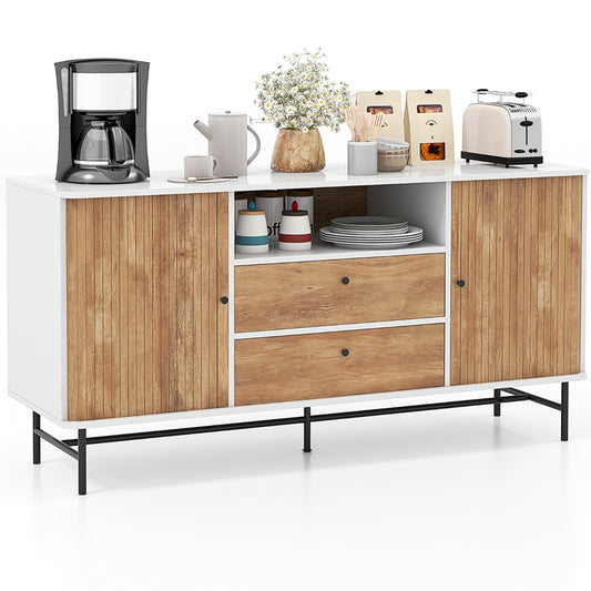 LIVSK Buffetkast Mid-Century - Schuifdeuren - 5 Planken en 2 Laden - Voor 65 Inch TV - Eiken - 150 x 45 x 74 cm