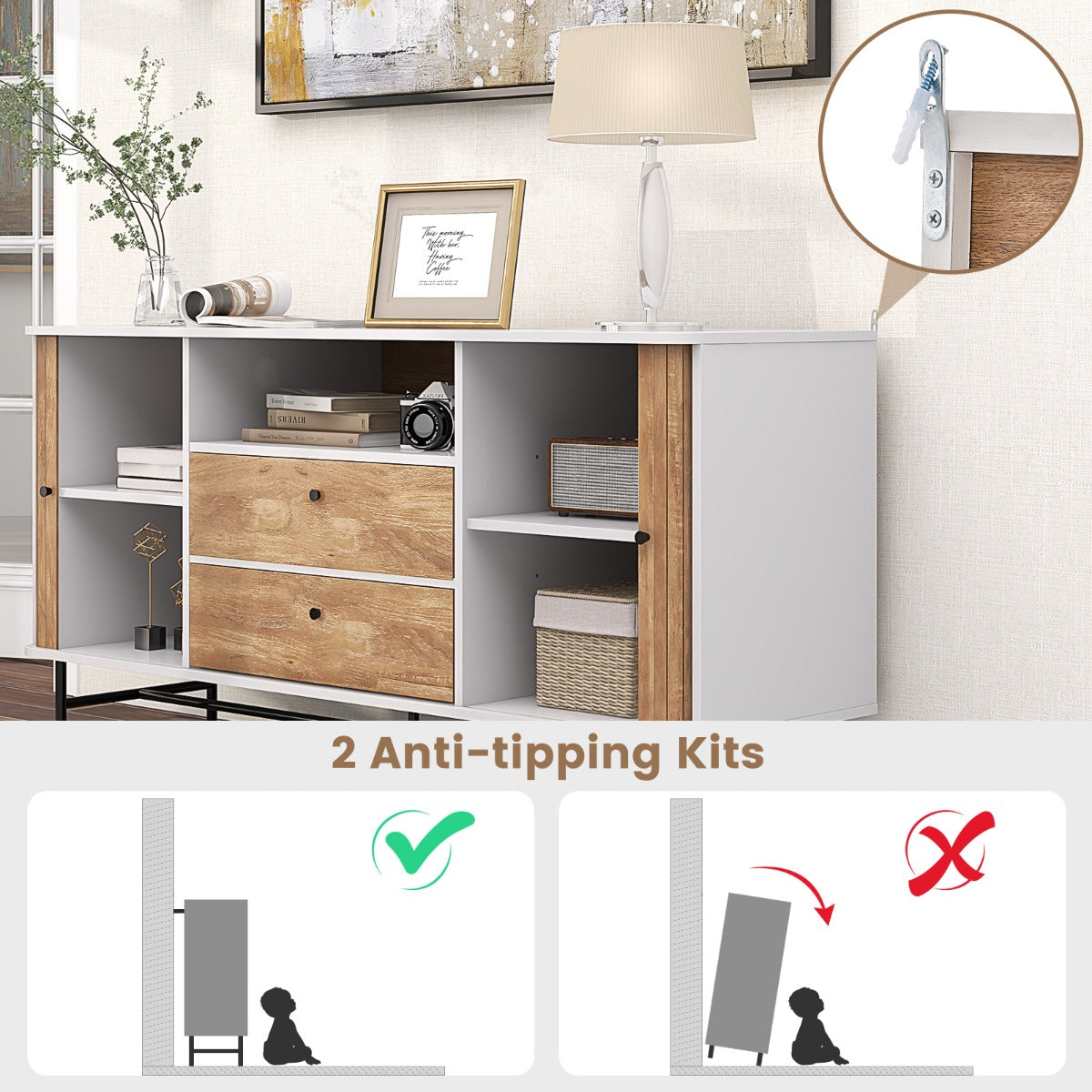 LIVSK Buffetkast Mid-Century - Schuifdeuren - 5 Planken en 2 Laden - Voor 65 Inch TV - Eiken - 150 x 45 x 74 cm