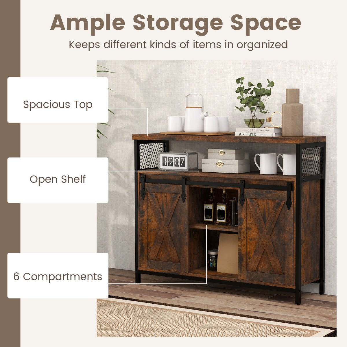 Livsk costway dressoir keukenkast met 2 schuifdeuren en 3 traps verstelbare planken en open vakken houten commode voor eetkamer woonkamer hal 5